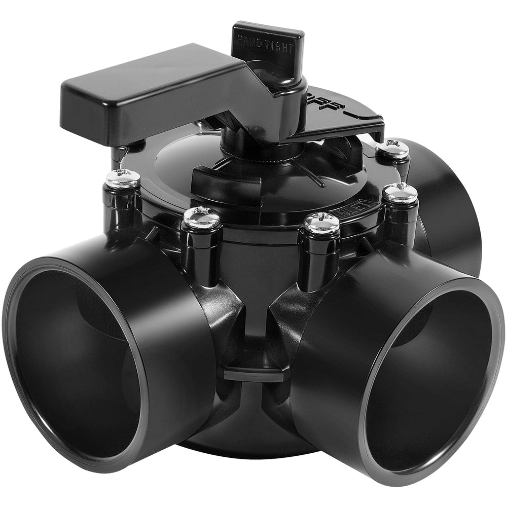 Ussuray front view of 3-way valve showing ports and solid construction benefit durability