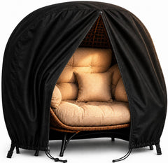 Uthem front view of double egg chair cover protecting a two-seat hanging chair and cushions