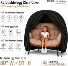 Uthem cover in use on patio hanging chair showing protection from rain and sun