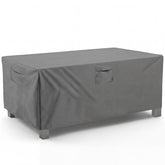 Vailge front view of rectangular table cover protecting table outdoors