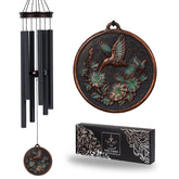 Vanquer front view of 34-inch chime showing vintage black finish and hummingbird accent for outdoor ambiance