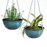 Vanslogreen front view of blue 12 inch hanging planter showcasing glossy finish and shape