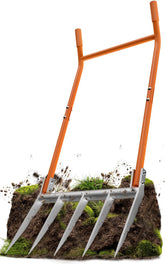 VASALAID broadfork front view showing U-shaped frame and five tines for improved leverage
