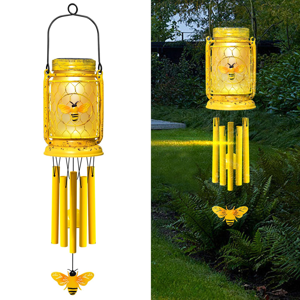 Vcdsoy front view of solar bee wind chime showing decorative light and hanging benefit