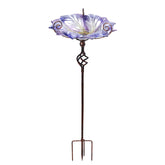 VCUTEKA front view of bird bath showing decorative peacock glass and stake, enhances garden style