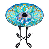 VCUTEKA front view of glass bird bath showing decorative design and stand benefit