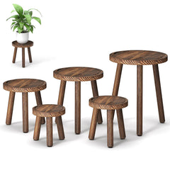 Vecxoty front view of five dark brown plant stands showing set benefit