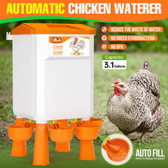 VEDALIO waterer detail showing drip-proof outlet to keep coop dry and clean