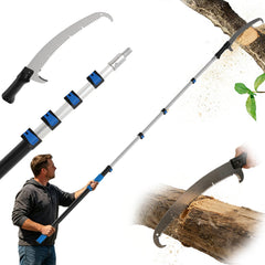 Veebuyla front view of telescoping pole saw showing full tool and benefits