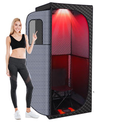 Veloqore sauna front view showing tent and entrance, highlights easy setup and space