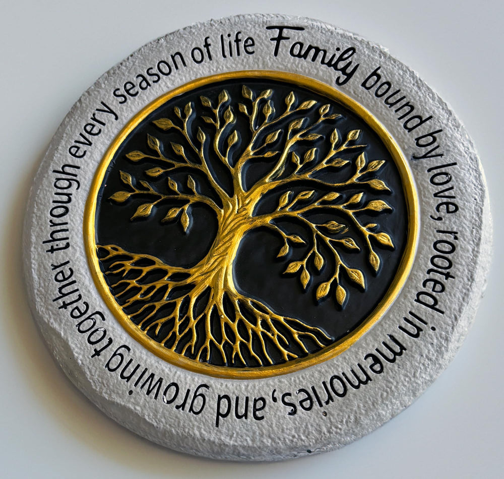 VEOJEIN front view showing gold Tree of Life and engraved family quote, adding sentimental charm