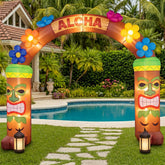 Vertintong front view of inflatable tiki archway creating tropical entrance benefit for decor