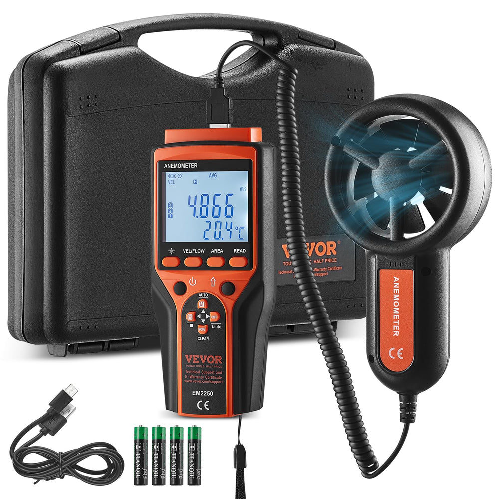 VEVOR anemometer front display showing readings and benefit of clear controls