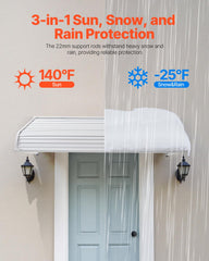 VEVOR awning side profile illustrating curved edge and water runoff benefit
