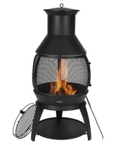 VEVOR chiminea front view showing iron body and warm glow benefit heat