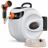 VEVOR front-mounted retractable hose reel neatly stores 65 ft hose for tidy yard