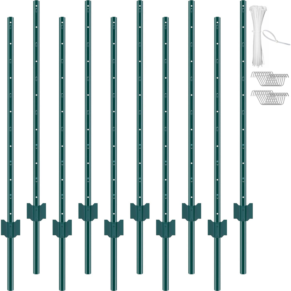 VEVOR front view of 10-pack 4ft U-channel posts showing included clips and zip ties for rapid setup