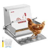VEVOR front view of automatic chicken feeder showing full unit and tray benefit: keeps feed contained
