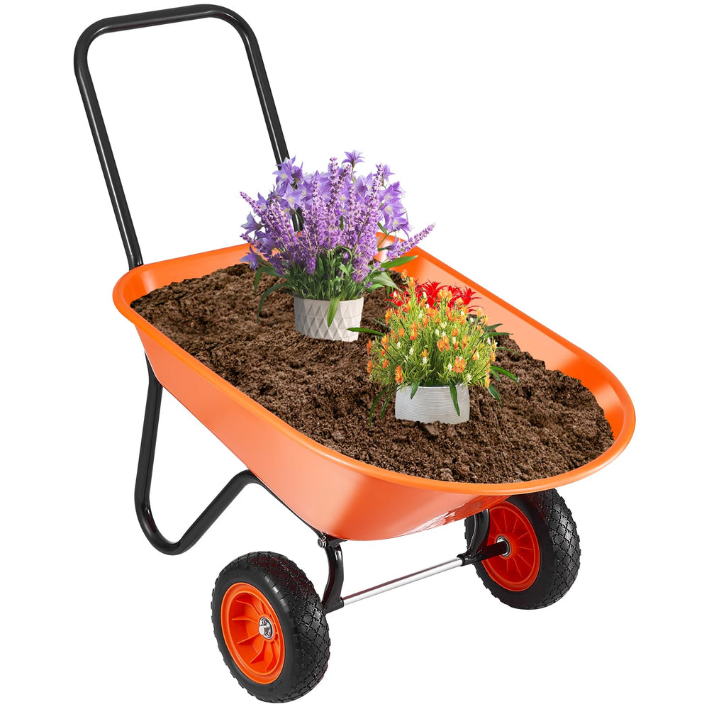 VEVOR front view of garden dump cart showing large tray and frame for efficient hauling