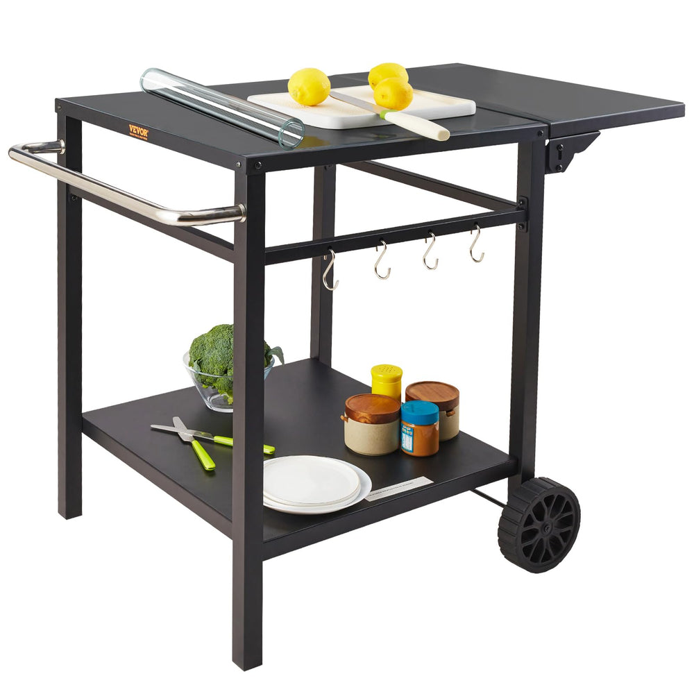 VEVOR front view of grill cart showing sturdy tabletop and shelves for efficient prep