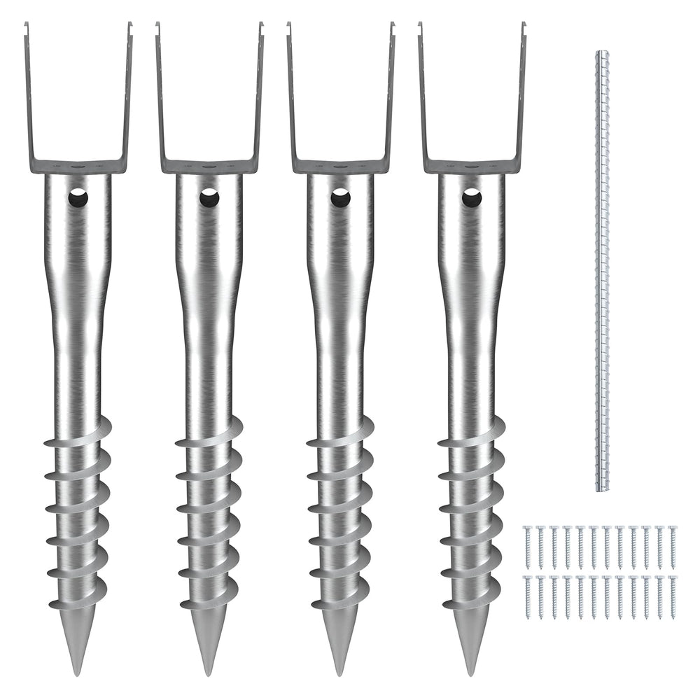VEVOR front view of four packed ground screws showing complete kit benefit