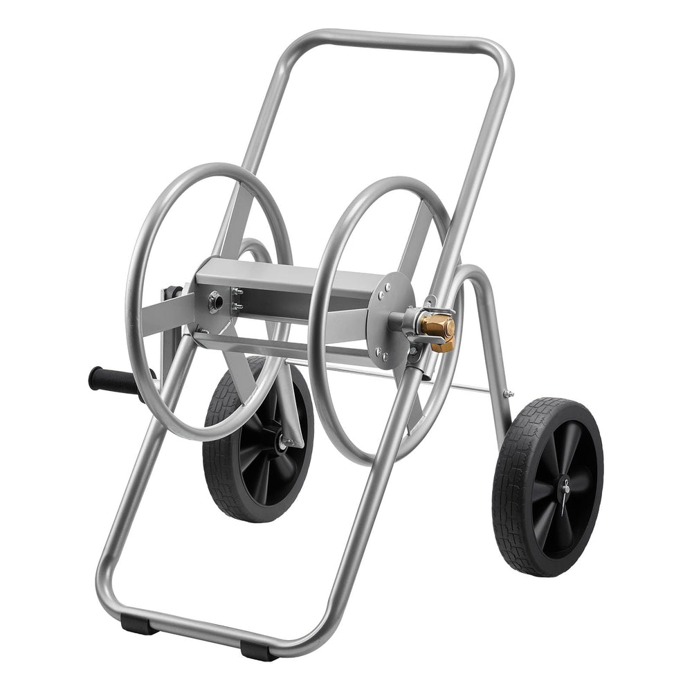 VEVOR hose reel cart front view showing stable frame and drum for easy transport