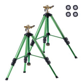 VEVOR impact sprinkler front view showing stable tripod and brass head, durable irrigation