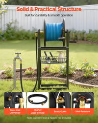 VEVOR hose reel with storage basket holding nozzle and small tools neatly