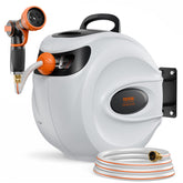 VEVOR front view of retractable hose reel showing compact organized storage