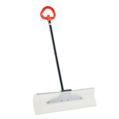 VEVOR snow pusher front view showing wide blade and ergonomic stance for faster clearing