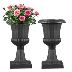 VEVOR front view of black plastic urn planter showing classic shape and benefit of elegant decor