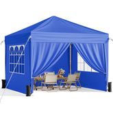 Vinabilia front view of 10x10 canopy showing blue shelter and instant shade benefit