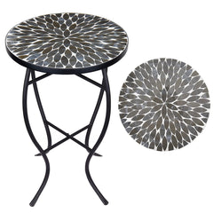 Vipush front view of mosaic side table showing compact stylish outdoor surface