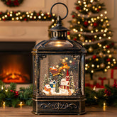 VISFLAIR front view lit globe showcasing flying Santa and church, festive decor benefit