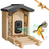 VISIOGEAR front view bamboo feeder showing natural finish and camera, attracts birds