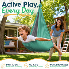 VISSE swing hung from tree branch for outdoor play and calm