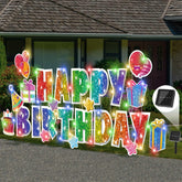Vivantia front display full setup showing colorful yard signs and solar string for bold curb appeal