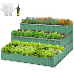 VIVOSUN front view of 3-tier raised garden bed showing green stair-step design and space-saving benefit