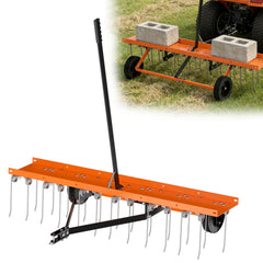 Vlaeng front view of 48-inch dethatcher showing wide coverage and durability
