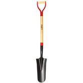 VNIMTI spade front view showing blade and wooden D-grip for precise digging
