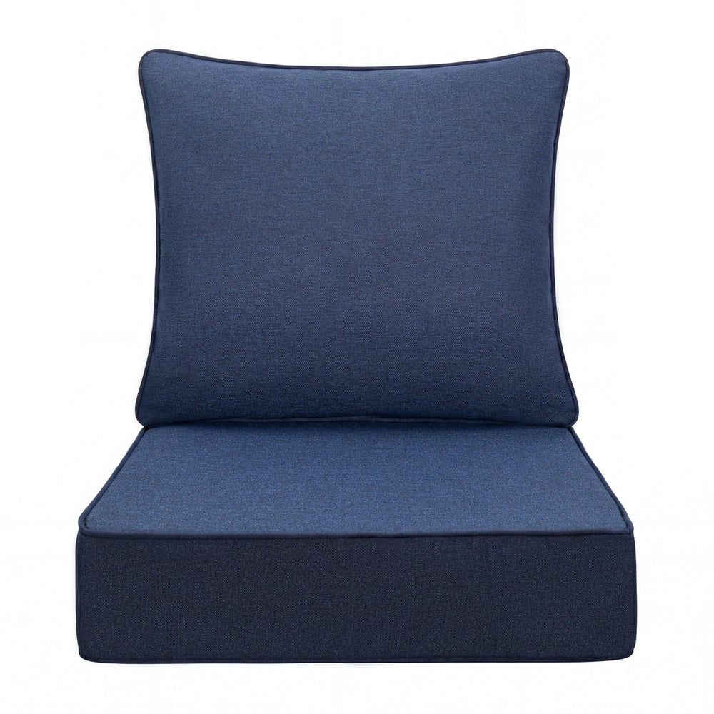 Volans front view of dark blue outdoor cushion set showing neat finish and protection