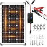Voltset front view of 100W solar panel kit showing complete package and benefits