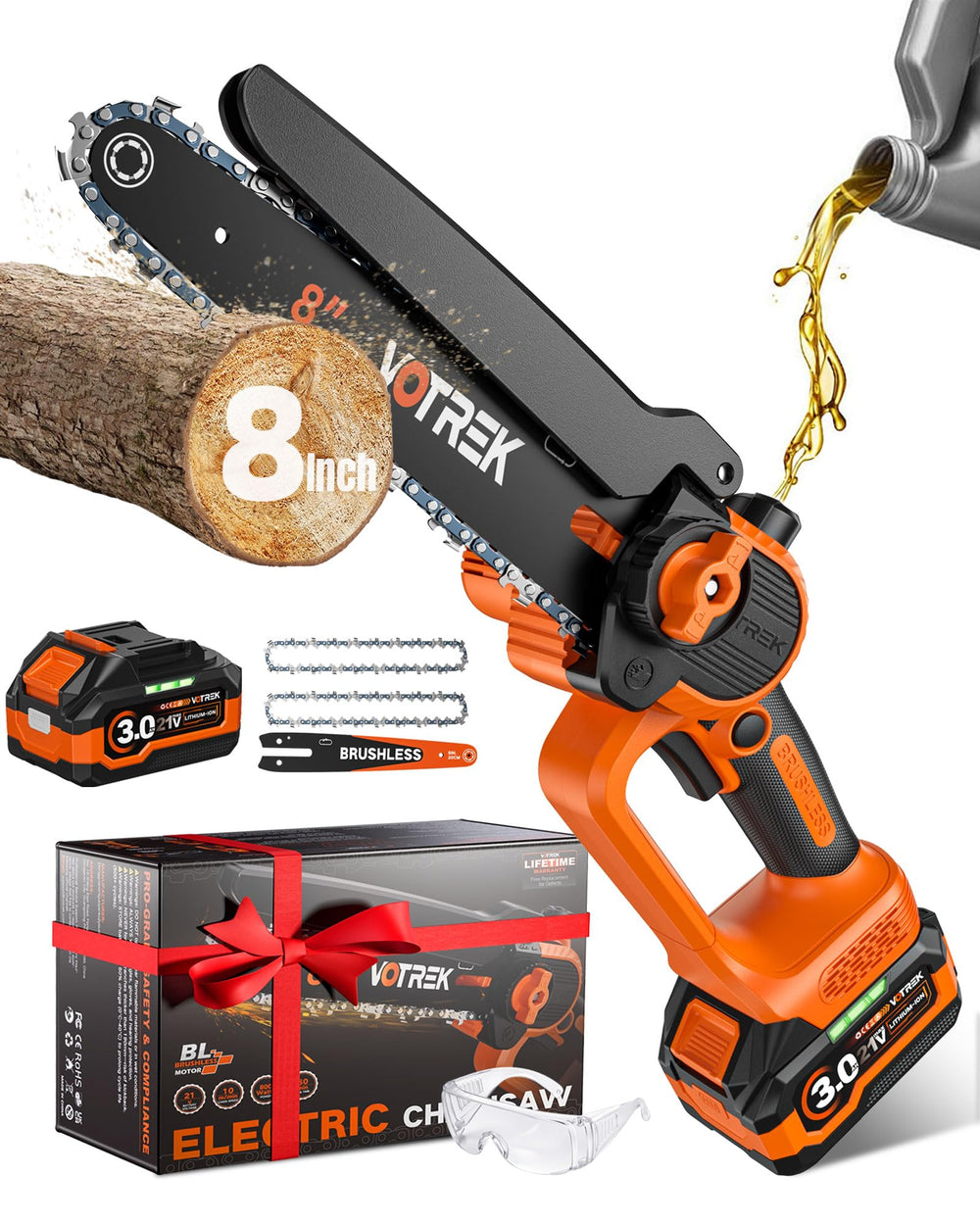 VOTREK front view of mini chainsaw showing compact design and benefits