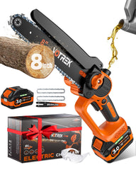 VOTREK front view of mini chainsaw showing compact design and benefits