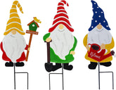 Voumsil front view of three metal gnome silhouettes showing durable yard charm