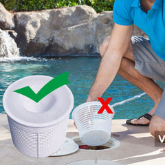 VSECUON skimmer sock installed on basket preventing debris from entering pump