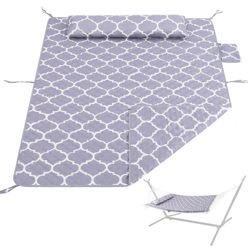 Vylceon front view of grey quilted hammock pad showing full coverage and comfort