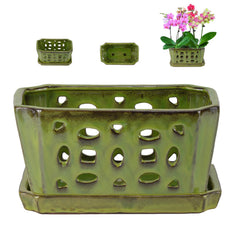 W&W front view of yellowgreen orchid pot showing elegant glazed finish and stability