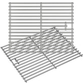 Wanchao front view of two 17 inch stainless steel grates showing sturdy construction and even heat benefit