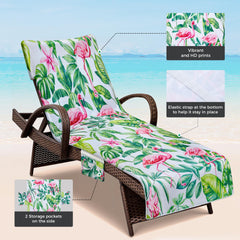 Warmiehomy on a poolside chaise demonstrating secure windproof fit